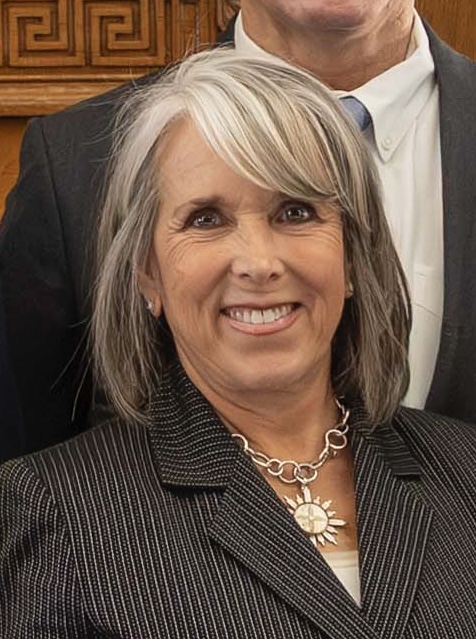 Portrait of Michelle Lujan Grisham, rendered as a two-tone print